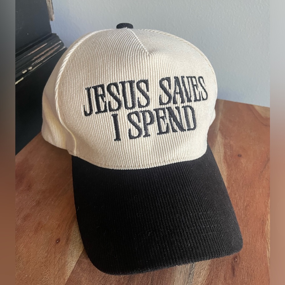 Classic Two-Tone 'Jesus Saves I Spend' Baseball Cap - Black & Cream